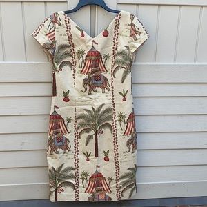 Maggy London Printed Tent & Elephant Scenic Dress in Red, Green, Blue, Cream